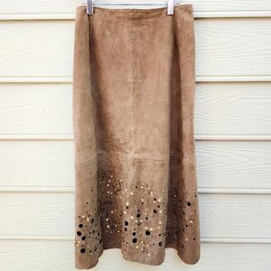 DANA BUCHMAN Embellished Tan Suede Midi Skirt